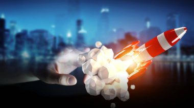 Kırmızı roket onun el 3d render tutan işadamı