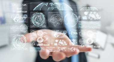 Dijital ekranlar hologramlar veriler 3d render ile kullanarak iş adamı