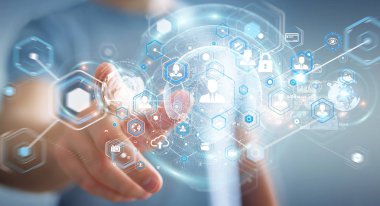 Sosyal ağ arabirimi 3d işlemesini kullanan iş adamı