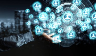 Sosyal ağ arabirimi 3d işlemesini kullanan iş adamı