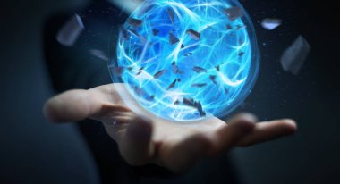 İşadamı bir güç top onun el 3d rendering ile oluşturma
