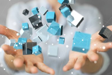 Mavi parlak küp ağ 3d renderin yüzen kullanarak iş kadını