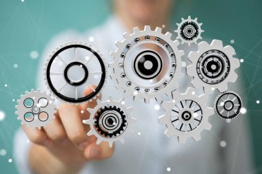 Kayan dişli simgeler 3d rendering kullanarak iş kadını