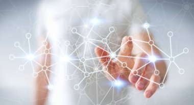 Veri ağı parmağıyla 3d render dokunmadan işadamı