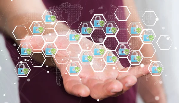 Elle çizilmiş bir virüsten koruma sistemi tutan işadamı