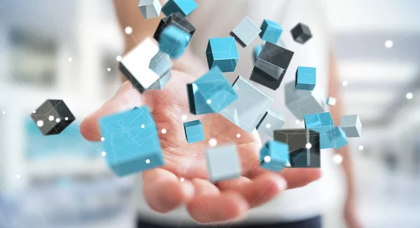 Affärsman som håller flytande blå glänsande kub nätverk 3d renderin — Stockfoto