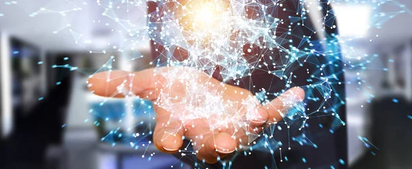 Uçan ağ bağlantısı 3d render tutan işadamı