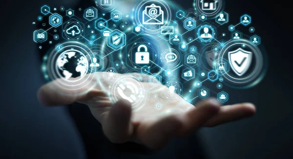 Onun veri kişisel bilgileri 3d renderin koruma işadamı