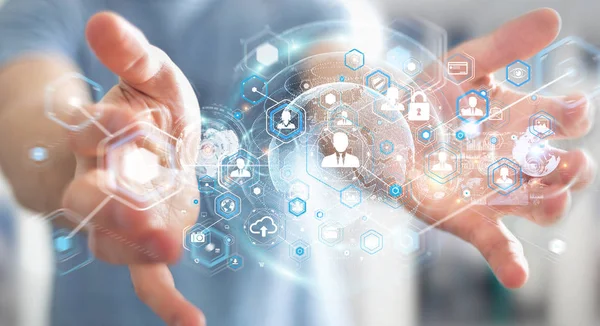 Sosyal ağ arabirimi 3d işlemesini kullanan iş adamı