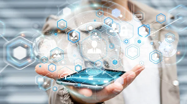 Sosyal ağ arabirimi 3d işlemesini kullanan iş adamı