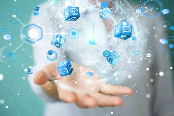 Uçan Dünya ağ arabirimi 3d işlemesini kullanan iş kadını