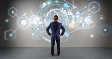 Üzerinde bir duvar 3d renderin sosyal ağ arabirimini kullanarak iş adamı