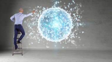 Bir duvar 3d re dijital planet earth arabirimini kullanarak iş adamı