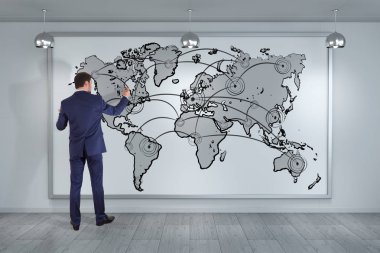 El yazması dünya harita bağlantısı bir duvara çizim işadamı 3d