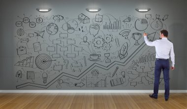 Bir proje çizim işadamı bir duvar 3d render kroki