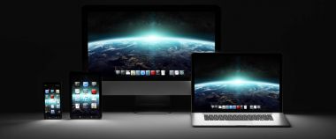 Karanlık modern bilgisayar dizüstü cep telefonu ve tablet 3d render
