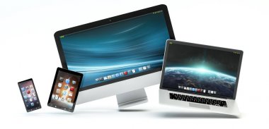 Modern bilgisayar dizüstü bilgisayar cep telefonu ve 3d rende yüzen tablet