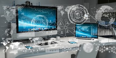 Çalışma alanı modern cihazlar ve hologram ekranlar 3d render ile