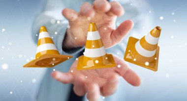 Dijital 3d render altında inşaat işaretleri kullanarak iş adamı