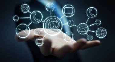 Çizilmiş grafik iletişim ve bağlantı ile tutan işadamı