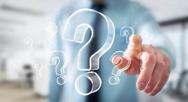 Elle çizilmiş soru işaretleri dokunmadan işadamı