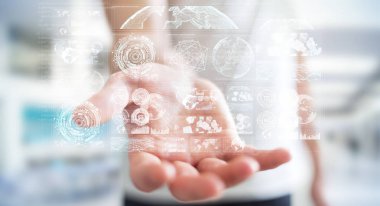 Dijital ekranlar hologramlar veriler 3d render ile kullanarak iş adamı