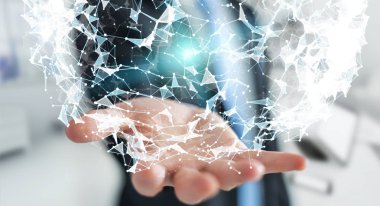 Uçan ağ bağlantısı 3d render tutan işadamı