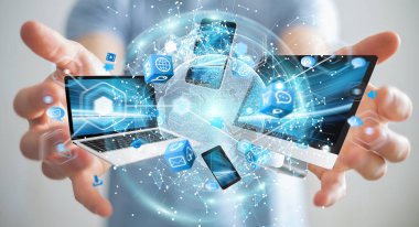 Teknik cihazlar birbirine işadamı 3d render tarafından bağlı