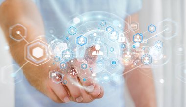 Sosyal ağ arabirimi 3d işlemesini kullanan iş adamı