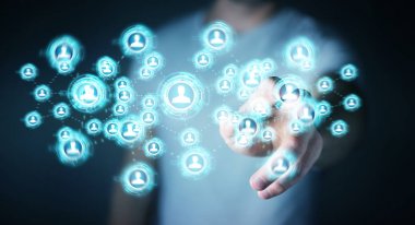 Sosyal ağ arabirimi 3d işlemesini kullanan iş adamı