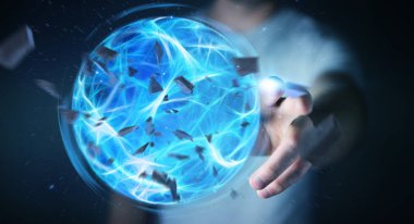 İşadamı bir güç top onun el 3d rendering ile oluşturma