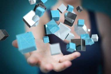 Mavi parlak küp ağ 3d renderin yüzen kullanarak iş kadını