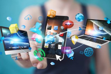 Teknik cihazlar işkadını 3d renderi ile birbirine bağlı