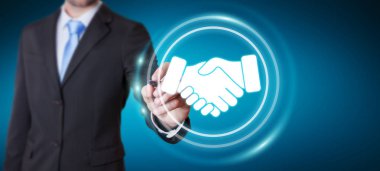 Ortaklık iş için dijital sunum kullanarak iş adamı 