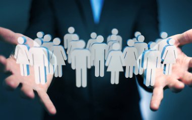 3D rendering grup insan elinde tutan işadamı