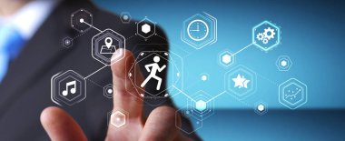 Genç adam onun performansları kontrol etmek için çalışan uygulama kullanarak 3d