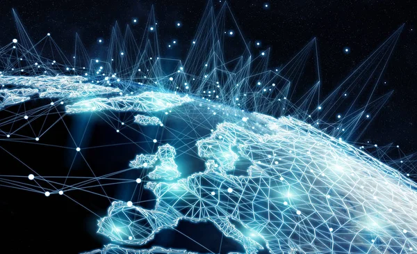 Rede global e intercâmbio de dados sobre o planeta Terra 3D rend — Fotografia de Stock