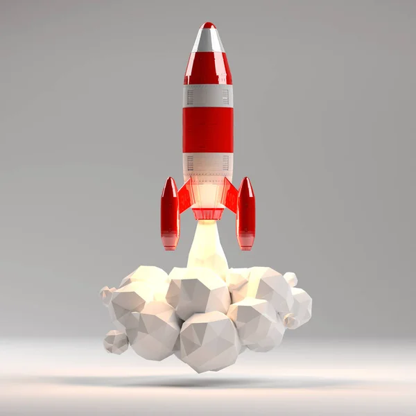 Foguete vermelho e branco lançando renderização 3D — Fotografia de Stock