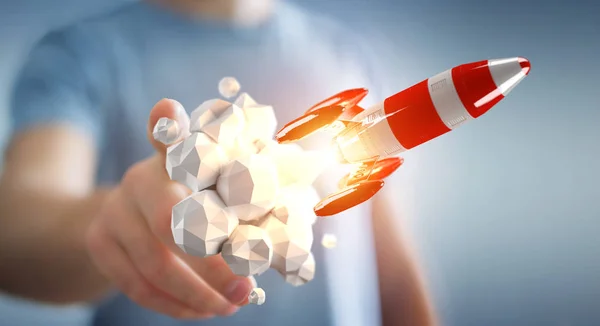 Empresário segurando foguete vermelho em sua mão 3D renderização — Fotografia de Stock