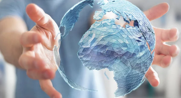 Empresário segurando rede global no planeta Terra 3D renderização — Fotografia de Stock