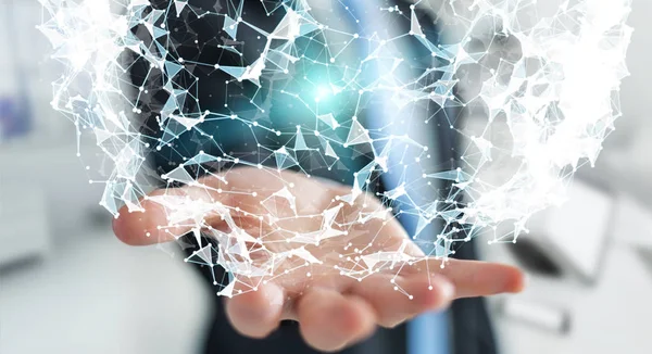 Uçan ağ bağlantısı 3d render tutan işadamı