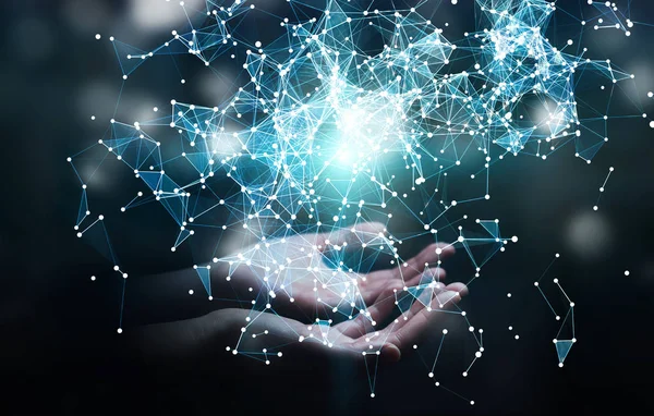 Uçan ağ bağlantısı 3d render tutan işadamı