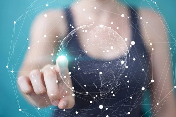 Uçan Dünya ağ arabirimi 3d işlemesini kullanan iş kadını