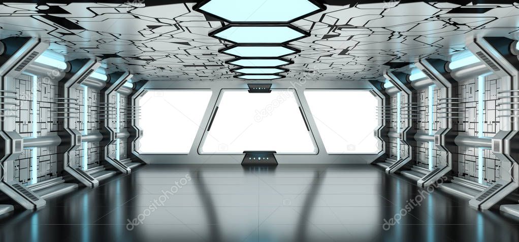 Spaceship blue and white interior 3D rendering