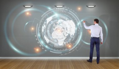 Bir duvar 3d re dijital planet earth arabirimini kullanarak iş adamı