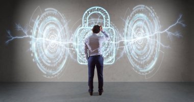 Bir duvar 3d render virüsten koruma arabirimini kullanarak iş adamı