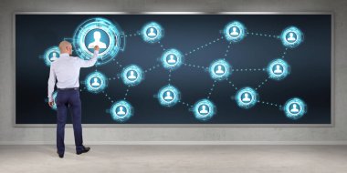 Bir kurulu 3d renderi sosyal ağ arabirimini kullanarak iş adamı