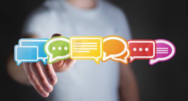 Renkli düz konuşma simgeler 3d rendering kullanarak iş adamı