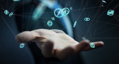 Uçan ağ bağlantısı arabirimi 3d renderi kullanarak iş adamı