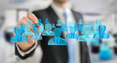 3D rendering grup mavi insan tutan işadamı 